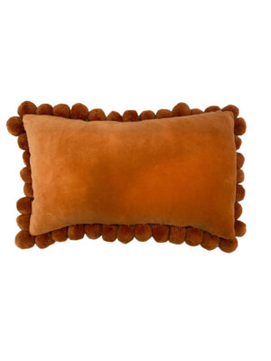 Hamal Lumbar Velvet Pillow with Pom Poms, “Orange”