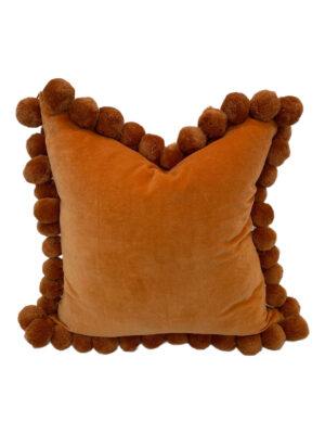 Hamal 20” Square Velvet Pillow with Pom Poms, “Orange”